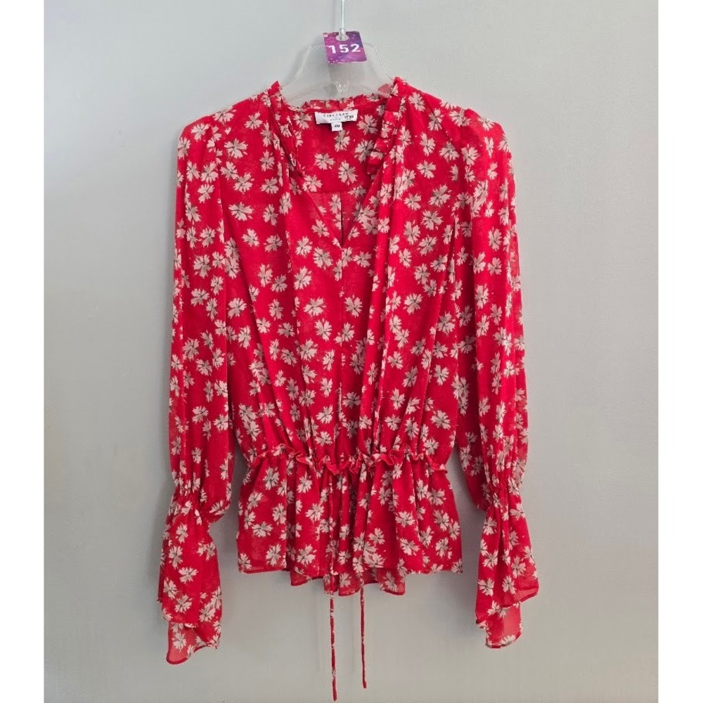 Derek Lam Collective Womens Blouse Red Floral Peplum Tie Waist Ruffle Size 40